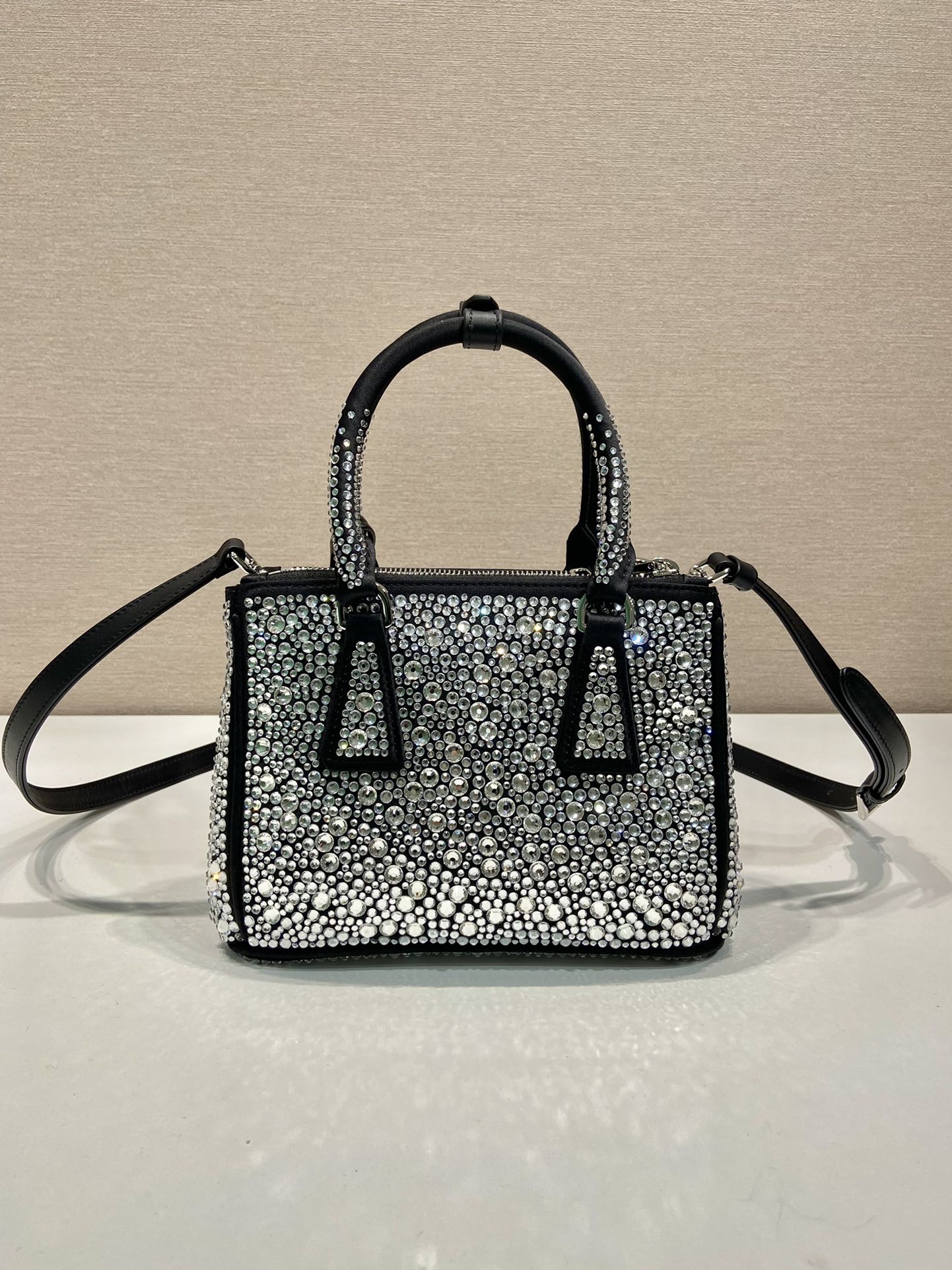 Prada Mini Galleria Saffiano Leather Artificial Diamond Bag Tote Shoulder Bag Black 1BA906